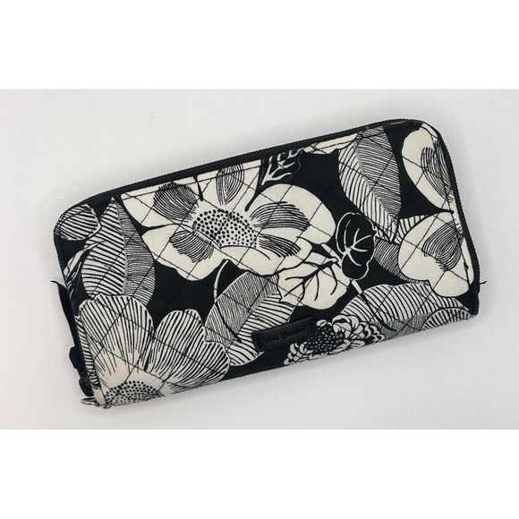 Vera Bradley Black/Wht Floral Zip Around Wallet  Multiple Compartments - Picture 1 of 12